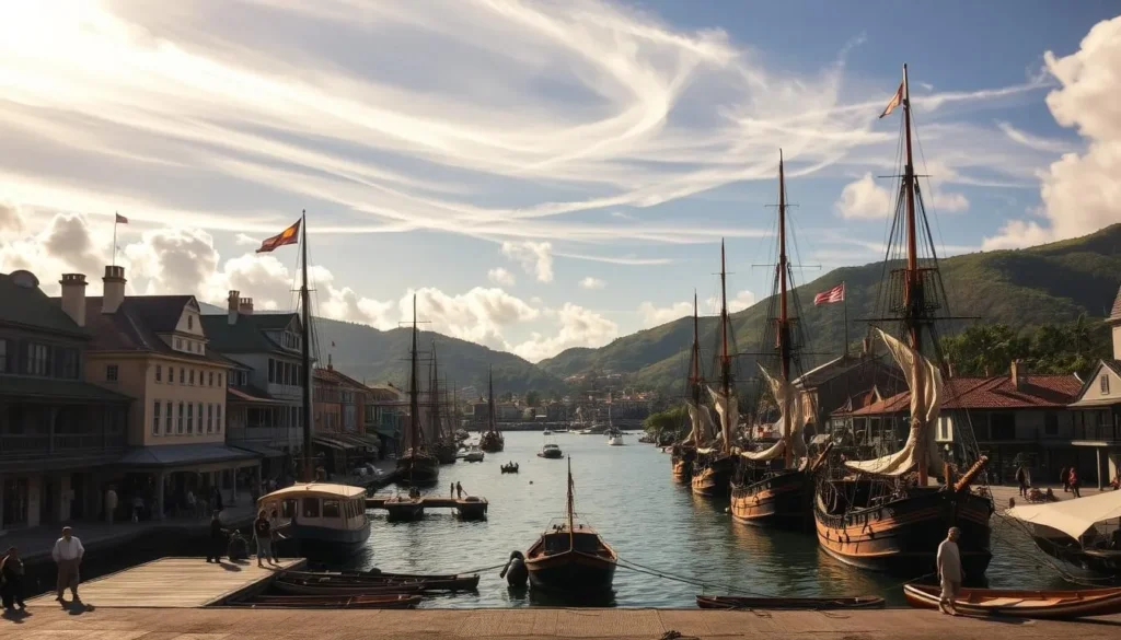 A lively port scene in Port Royal, Jamaica, capturing the historical allure of this once-thriving colonial town. In the foreground, stately 17th-century buildings and merchant shops line the bustling harbor, with sailing ships and rowboats docked along the quayside. Sunlight filters through wispy clouds, casting warm hues across the scene. In the middle ground, people in period attire go about their daily activities, providing a sense of vibrant, lived-in atmosphere. The background features the rolling hills and lush greenery that frame the picturesque harbor, hinting at the natural beauty that surrounds this historic settlement. Crisp, realistic details and a balanced composition capture the essence of Port Royal's enduring charm and legacy.