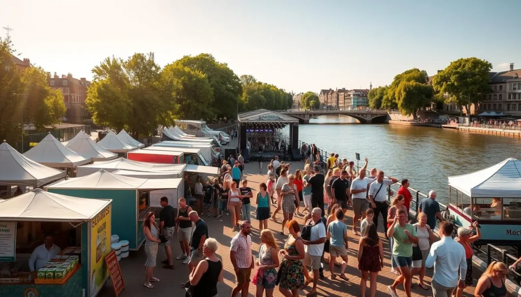 A lively riverside festival in Maidenhead, England on a sunny summer day. In the foreground, colorful stalls and food trucks line the promenade, people browsing and sampling local cuisine. In the middle ground, a stage with live music performances, the crowd swaying and dancing. In the background, the serene River Thames flows by, flanked by verdant trees and historic buildings. Warm sunlight casts a golden glow over the entire scene, creating a vibrant, festive atmosphere. The camera angle is slightly elevated, capturing the energy and spirit of this seasonal community event.