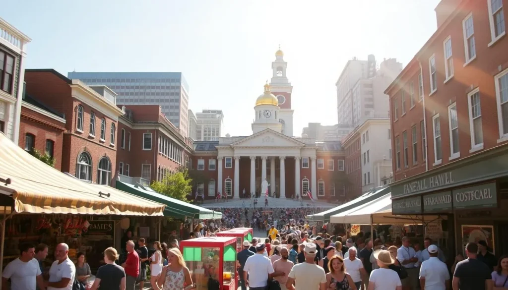 A lively scene at Faneuil Hall Marketplace, a historic landmark in Boston, Massachusetts. The bustling open-air marketplace is filled with people browsing unique shops, street performers entertaining crowds, and charming colonial-style architecture surrounding a central plaza. Warm sunlight filters through the iconic white-domed roof, casting a welcoming glow over the vibrant atmosphere. In the foreground, vendors offer an array of local crafts, artisan goods, and delectable street food. The middle ground showcases the grand façade of Faneuil Hall, its elegant design and clock tower standing tall. In the distance, the iconic golden-domed Massachusetts State House can be seen, completing the quintessential New England cityscape.