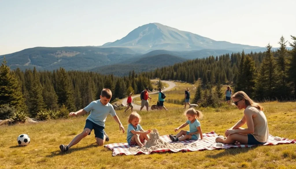 A lively scene at the base of Sugarloaf Mountain, Maine, on a sunny day. In the foreground, a family of four - parents and two children - engaged in various outdoor activities. The children are playing on a grassy field, kicking a soccer ball and building a sandcastle. The parents are picnicking on a checkered blanket, enjoying a meal together. In the middle ground, hikers traverse a winding trail, taking in the stunning vistas of the surrounding pine-covered hills. In the background, the majestic Sugarloaf Mountain rises, its distinctive peaks and slopes creating a dramatic backdrop. Warm, diffused lighting bathes the entire scene, conveying a sense of joy and relaxation.