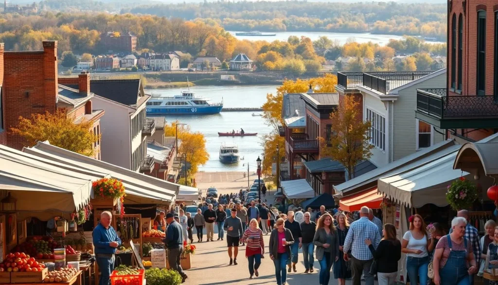 A lively scene in Alton, Illinois, showcasing the city's vibrant seasonal events. In the foreground, a bustling outdoor market with local vendors selling freshly harvested produce, artisanal crafts, and seasonal treats. In the middle ground, families stroll through the charming historic district, admiring the well-preserved 19th-century architecture bathed in warm, golden sunlight. In the background, the majestic Mississippi River winds its way, with riverboats and kayakers enjoying the scenic waterway. The atmosphere is one of community, celebration, and appreciation for the changing seasons.