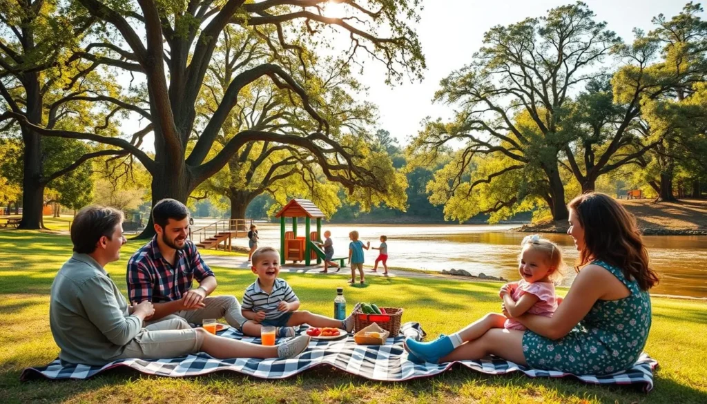 A lively scene in Macon's Amerson River Park. In the foreground, a family of four - two parents, a young boy, and a toddler girl - picnicking on a checkered blanket, enjoying a delightful outdoor meal. In the middle ground, children play on a nearby jungle gym, their laughter filling the air. The background showcases the scenic Ocmulgee River, its gentle currents reflecting the warm, golden hues of the afternoon sun. Tall oak trees provide dappled shade, creating a serene and inviting atmosphere perfect for a day of family fun in this vibrant Georgia city.