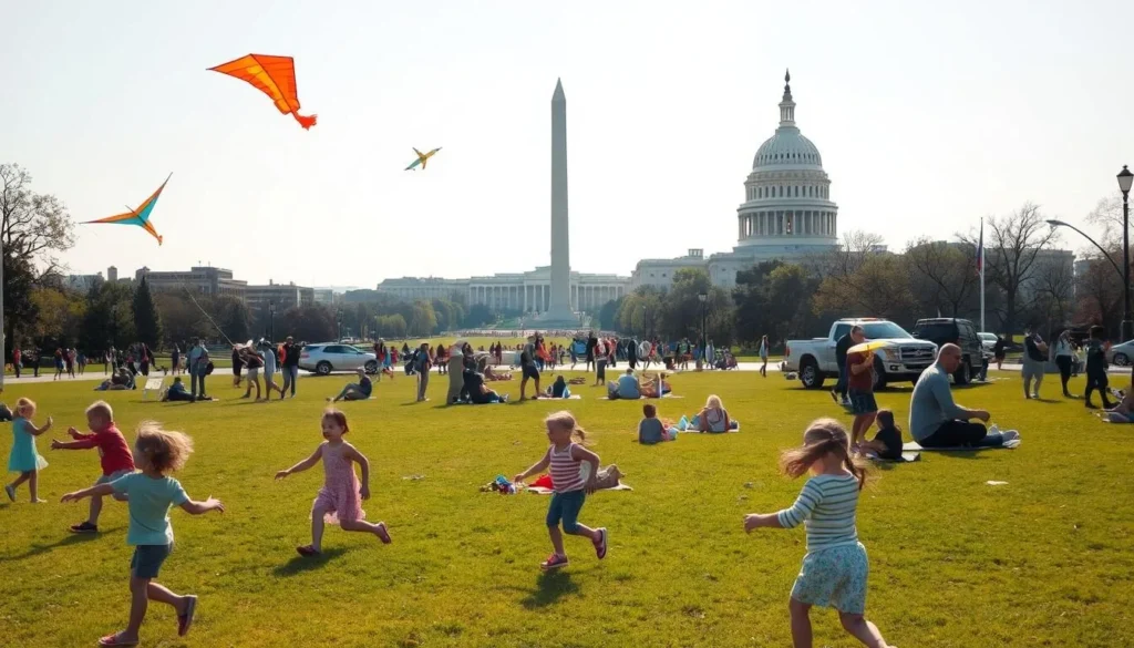 A lively scene in Washington DC's National Mall, with families enjoying a sunny day. In the foreground, children play on the grassy lawns, flying kites and tossing frisbees. In the middle ground, parents and grandparents relax on picnic blankets, savoring local treats from food carts. The stately monuments of the Washington Monument and the US Capitol building stand tall in the background, bathed in warm, golden light. The atmosphere is one of carefree recreation and togetherness, capturing the vibrant spirit of family-friendly activities in the nation's capital.