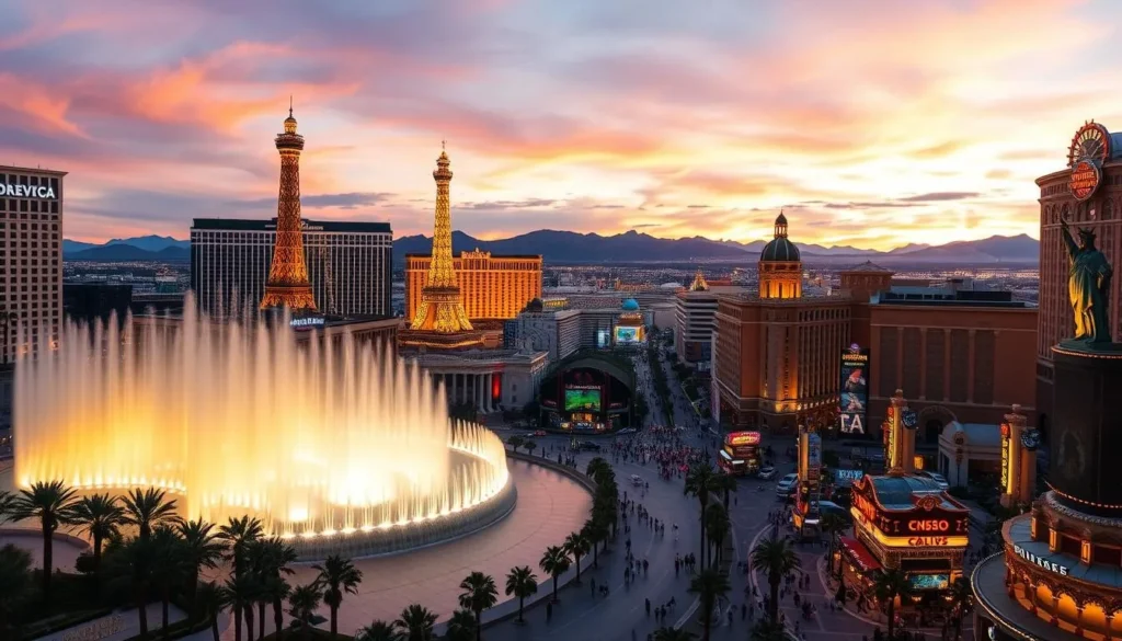 A lively scene in the heart of Las Vegas, Nevada, the Entertainment Capital of the World. Capture the grand scale and vibrant energy of the iconic Strip, with its towering hotels, neon-lit casinos, and bustling crowds. In the foreground, a dazzling fountain display dances and sparkles under a warm, golden sunset. In the middle ground, the distinctive silhouettes of landmark buildings like the Eiffel Tower and Statue of Liberty rise up, surrounded by a sea of glittering lights. The background showcases the dramatic, desert-kissed skyline, painted in a palette of rich purples and oranges. Utilize a wide-angle lens to convey the epic scope and grandeur of this renowned entertainment mecca.