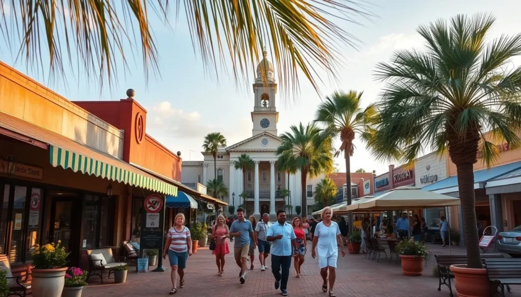 A lively scene in the heart of Sebring, Florida. A bustling market square with quaint shops and cafes, their colorful awnings and potted plants lending a warm, inviting atmosphere. People stroll leisurely, browsing the artisanal wares and stopping to chat with friendly locals. In the distance, the historic Highlands County Courthouse stands tall, its classic architecture bathed in soft, golden afternoon light. A gentle breeze rustles the palm fronds, creating a tranquil, relaxed ambiance that captures the authentic charm of this small Florida town.