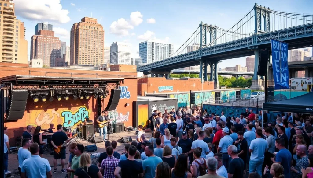 A lively scene of Buffalo's vibrant arts and music culture, captured on a sunny day. In the foreground, a bustling outdoor concert venue showcases local musicians performing on a stylized stage, surrounded by a crowd of enthusiastic spectators. In the middle ground, colorful murals and street art adorn the walls, reflecting the city's creative spirit. The background features the iconic architecture of downtown Buffalo, with towering buildings and the striking silhouette of the city's landmark bridges. The overall atmosphere conveys a sense of energy, community, and artistic expression that defines Buffalo's cultural landscape.
