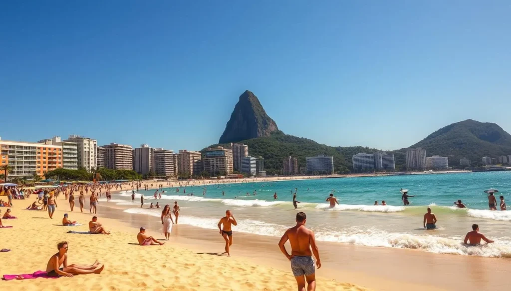 A lively scene of Copacabana beach in Rio de Janeiro, Brazil on a sunny day. In the foreground, beachgoers relax on the golden sands, some swimming in the sparkling azure waters. Mid-ground features iconic Copacabana hotels and apartments lining the promenade, their colorful facades bathed in warm light. In the background, the iconic Sugar Loaf mountain rises majestically, its slopes cloaked in verdant foliage. The image conveys the vibrant, laid-back atmosphere of this world-famous beach destination, showcasing its practical amenities and stunning natural setting.