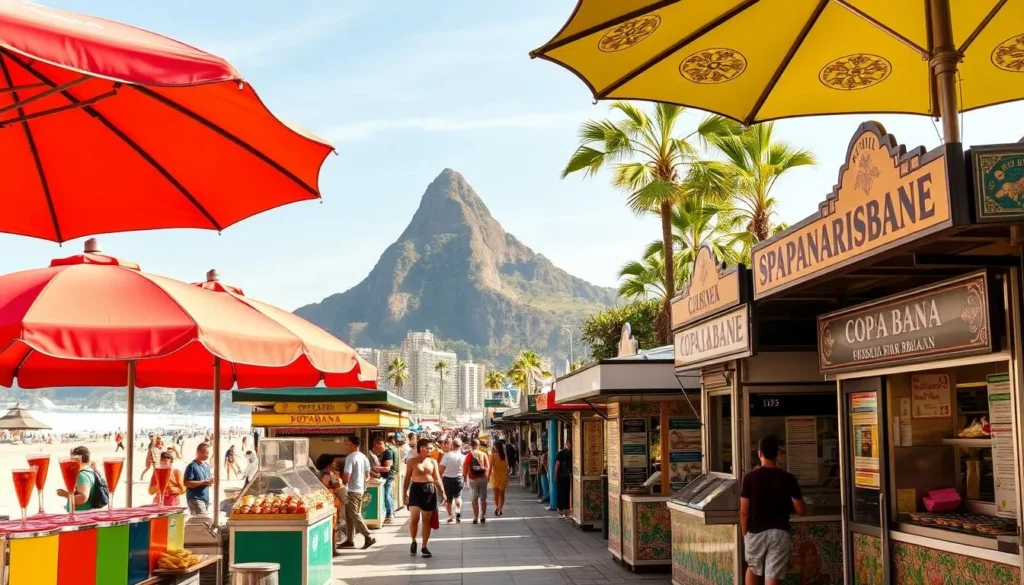 A lively scene of Copacabana beach kiosks on a sunny day. In the foreground, vibrant umbrellas and vendors offer cold drinks, fresh seafood, and sizzling snacks. The middle ground showcases a colorful array of kiosks, their facades adorned with intricate tilework and signage. In the background, the iconic Copacabana beachfront promenade and the majestic Sugarloaf Mountain create a picturesque backdrop. Warm, golden lighting bathes the entire scene, capturing the lively, laid-back atmosphere of this iconic Brazilian destination. Captured with a wide-angle lens to showcase the energy and energy of this lively food-lover's paradise.