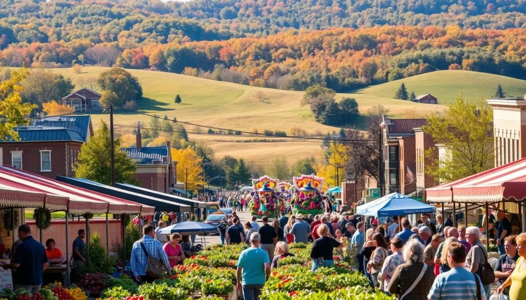 A lively scene of Fayetteville's seasonal events unfolds before the viewer. In the foreground, a bustling farmers' market fills the frame, teeming with vibrant produce, handcrafted wares, and local artisans. In the middle ground, a colorful parade marches down the streets, its festive floats and costumed performers capturing the energy of the community. In the background, the rolling hills and verdant foliage of Fayetteville's natural beauty provide a picturesque backdrop, bathed in warm, golden sunlight. The overall atmosphere is one of celebration, community, and the embracing of the region's rich cultural heritage and natural splendor.