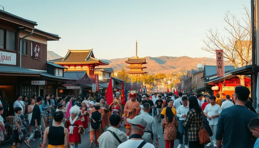 A lively scene of Golden Week festivities in Mie Prefecture, Japan. In the foreground, a vibrant parade winds through the historic streets, with costumed performers and lively music. In the middle ground, crowds of locals and tourists alike gather to watch, their faces aglow with excitement. The background features iconic Mie landmarks, such as the majestic Ise Jingu Shrine and the rolling hills of the Ise-Shima National Park, bathed in the warm glow of the spring sun. The atmosphere is one of celebration, tradition, and the joy of experiencing Japan's unique cultural heritage. Capture this captivating tableau with a wide-angle lens, natural lighting, and a cinematic, immersive perspective.