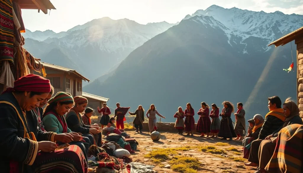 A lively scene of Gorkha culture unfolds in a mountainous Nepalese village. In the foreground, local artisans handcraft traditional jewelry and textiles, their vibrant colors and intricate patterns drawing the eye. In the middle ground, a group of villagers perform a spirited folk dance, their colorful costumes and lively movements capturing the energy of the community. In the background, snow-capped peaks rise majestically, providing a stunning natural backdrop to this cultural tableau. The scene is illuminated by warm, golden sunlight, casting a serene, timeless atmosphere over the entire landscape. Capture the essence of Gorkha's rich heritage through this immersive, authentic representation.