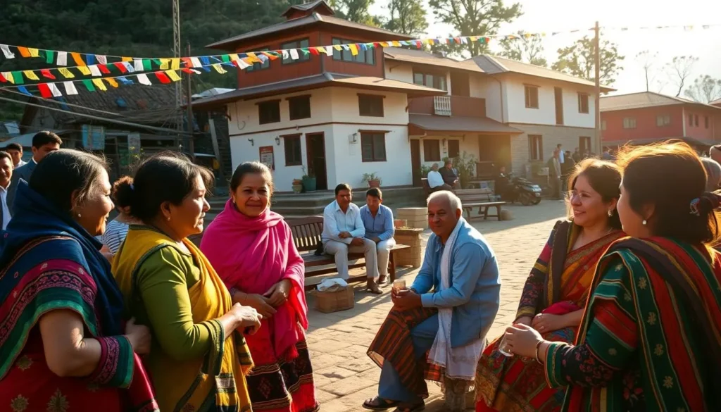A lively scene of Nagarkot locals gathered in the village square, bathed in warm afternoon sunlight. In the foreground, a group of women in vibrant, traditional Nepali garments chat animatedly, their hands gesturing as they share stories. In the middle ground, a few men sit on benches, sipping tea and discussing the day's events. In the background, colorful prayer flags flutter above quaint, two-story houses, creating a sense of cultural richness. The mood is one of community, tradition, and a deep connection to the land. Capture this authentic slice of Nagarkot life with a close, candid lens that immerses the viewer in the scene.