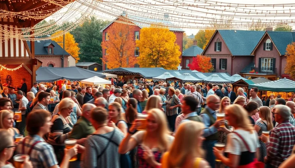 A lively scene of Oktoberfest celebrations in the charming Amana Colonies of Iowa. Crowds of people in traditional lederhosen and dirndls gather under a canopy of twinkle lights, enjoying mugs of frothy beer and traditional German fare. In the foreground, a group dances to the lively music of a brass band, their movements captured in a blur of motion. In the middle ground, vendors sell handcrafted wares and artisanal treats, while in the background, historic buildings and vibrant fall foliage create a cozy, festive atmosphere. Warm, golden lighting bathes the entire scene, evoking the spirit of a quintessential Midwestern autumn celebration.