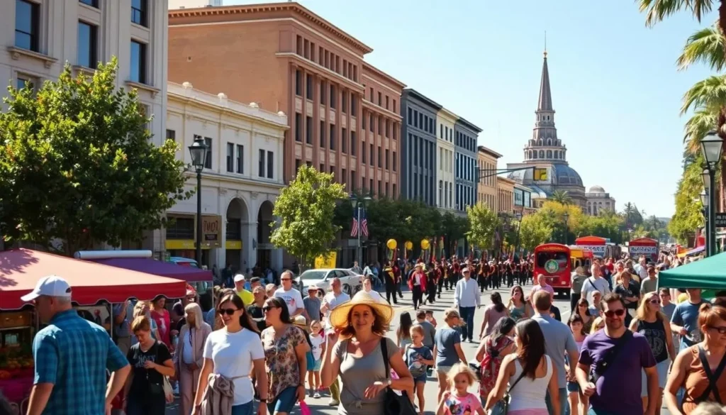 A lively scene of Pasadena's seasonal events, captured on a bright, sun-dappled day. In the foreground, families stroll through a bustling outdoor market, browsing vibrant produce and artisanal crafts. In the middle ground, a parade winds its way down the streets, with marching bands, costumed performers, and colorful floats. In the background, the iconic architecture of Pasadena's historic buildings frames the vibrant festivities, bathed in warm, golden light. The atmosphere is one of community, celebration, and the natural beauty that defines this California city throughout the changing seasons.