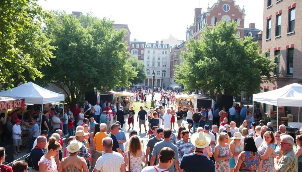 A lively scene of Rockville's vibrant cultural events unfolds in a sun-dappled outdoor setting. In the foreground, a crowd gathers around a stage, captivated by a performance of traditional music and dance. Vendors offer an array of local crafts and cuisine, their colorful wares beckoning passersby. In the middle ground, families stroll along tree-lined paths, pausing to admire works by local artists displayed in an open-air gallery. The background is anchored by the stately architecture of historic buildings, their timeless elegance setting the stage for this celebration of Rockville's rich cultural heritage. Soft, natural lighting casts a warm, inviting glow over the scene, conveying a sense of community and joy.