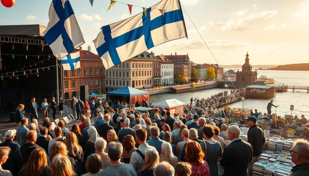 A lively scene of a Finnish literary festival unfolds. In the foreground, a crowd gathers around an outdoor stage, listening intently to a renowned author reciting excerpts from their latest work. Festive Finnish flags flutter in the gentle breeze, casting colorful shadows across the scene. In the middle ground, book stalls and vendors offer a diverse selection of local literature, their displays adorned with literary-themed decorations. In the background, historic buildings and the serene waters of a nearby lake provide a picturesque backdrop, bathed in warm, golden sunlight. The atmosphere is one of cultural celebration and intellectual curiosity, reflecting the deep appreciation for the written word that is so integral to Finnish identity.
