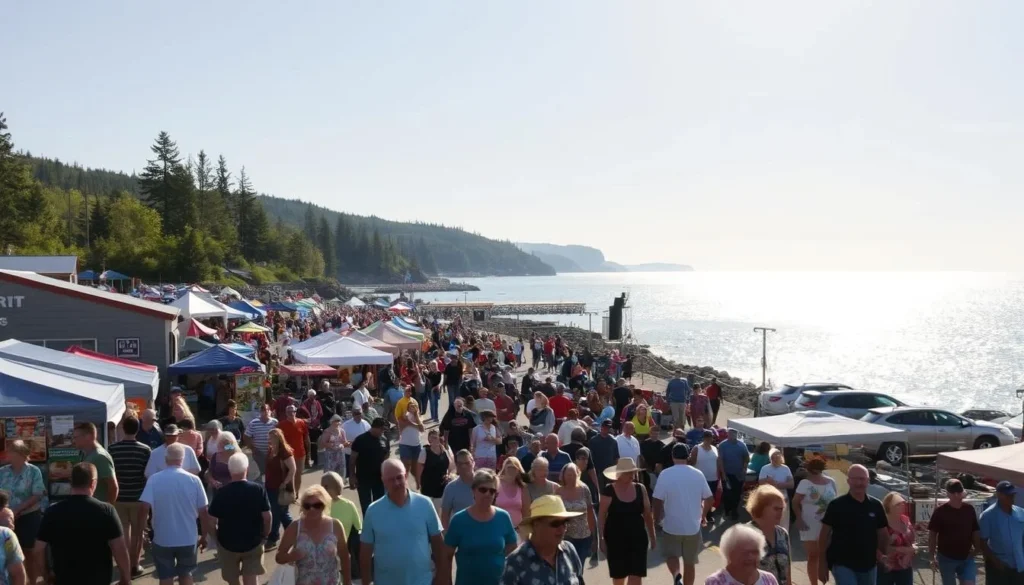 A lively scene of a Lake Superior shoreline festival in Wisconsin. In the foreground, a crowd of people strolling and browsing colorful vendor booths selling local crafts, artisanal foods, and live music performances. The middle ground features a large stage with performers entertaining the audience, surrounded by tents and canopies. In the background, the tranquil waters of Lake Superior shimmer under a bright, warm sun, with the rugged shoreline and pine-covered hills providing a scenic backdrop. The atmosphere is vibrant and celebratory, capturing the seasonal spirit of the region.