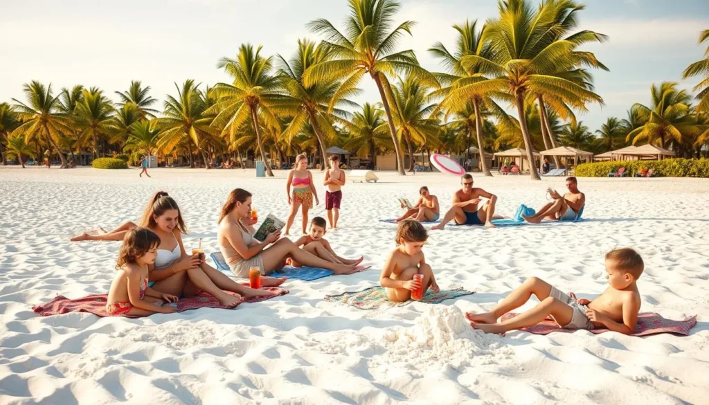A lively scene of a Palm Beach family enjoying a sunny day on the beach. In the foreground, children play in the soft white sand, building sandcastles and splashing in the turquoise waters. Parents relax on colorful beach towels, sipping tropical drinks and reading magazines. In the middle ground, a group of teenagers toss a Frisbee, their laughter carried on the gentle breeze. The background showcases the iconic palm trees lining the shore, their fronds swaying rhythmically. Warm, golden sunlight bathes the entire scene, creating a serene and inviting atmosphere. The image conveys the laidback, carefree spirit of a perfect family vacation in Palm Beach, Aruba.