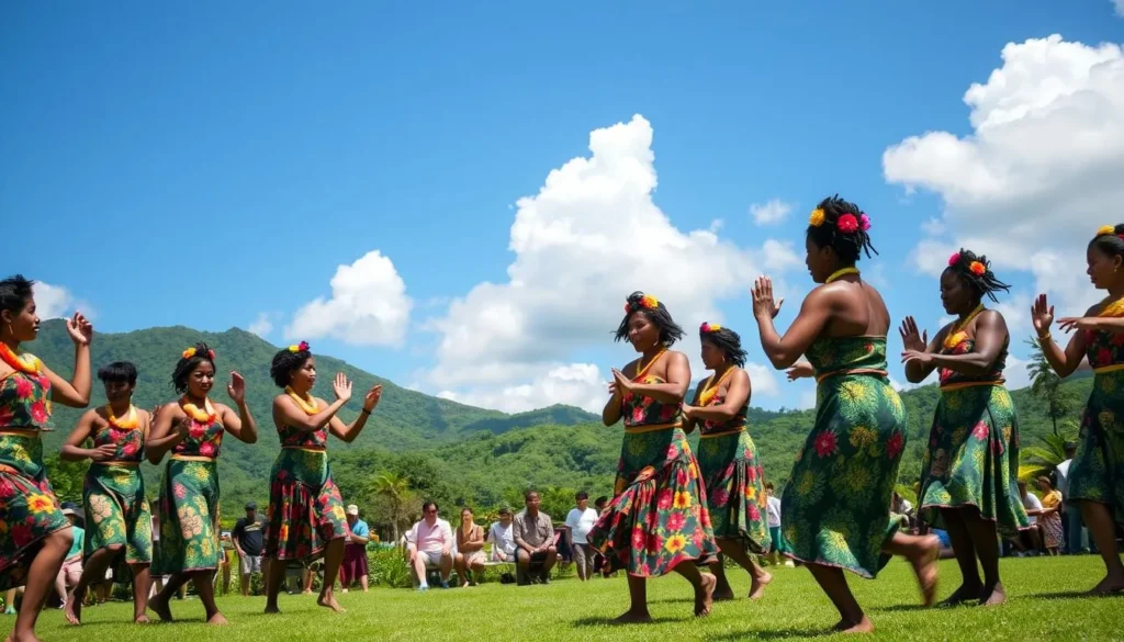 A lively scene of a traditional Tuvalu dance performance, set against a backdrop of lush, verdant landscapes. In the foreground, a troupe of dancers clad in vibrant, intricately patterned costumes sway and move with graceful, rhythmic motions, their movements captured in a crisp, well-lit composition. The middle ground features a crowd of spectators, their expressions animated as they watch the performance unfold. In the distance, a clear blue sky dotted with fluffy white clouds sets the tranquil, natural mood. The scene conveys the rich cultural heritage and joyful spirit of Tuvalu's local traditions. A lively scene of a traditional Tuvalu dance performance, set against a backdrop of lush, verdant landscapes. In the foreground, a troupe of dancers clad in vibrant, intricately patterned costumes sway and move with graceful, rhythmic motions, their movements captured in a crisp, well-lit composition. The middle ground features a crowd of spectators, their expressions animated as they watch the performance unfold. In the distance, a clear blue sky dotted with fluffy white clouds sets the tranquil, natural mood. The scene conveys the rich cultural heritage and joyful spirit of Tuvalu's local traditions.