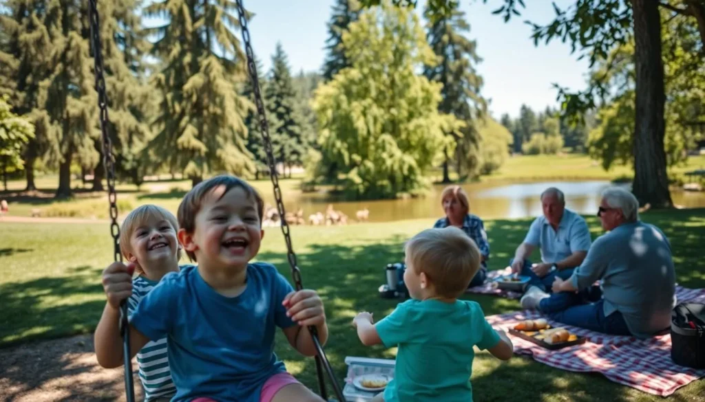 A lively scene of families enjoying a sunny day at Redmond Park. In the foreground, children laughing as they play on a swing set, their joyful expressions captured with a shallow depth of field. In the middle ground, parents and grandparents relax on picnic blankets, sharing a meal and watching over their loved ones. The background showcases the park's verdant landscape, with tall trees casting dappled shadows and a tranquil pond reflecting the clear blue sky. The overall atmosphere is one of warmth, togetherness, and a sense of wholesome recreation.