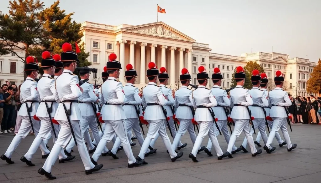A lively scene of the Changing of the Guard ceremony at Syntagma Square in Athens, Greece. In the foreground, a group of elite Evzones, the ceremonial presidential guards, march in perfect synchronization, their iconic white uniforms and red pom-pom shoes a striking visual. The middle ground features the grand Hellenic Parliament building, its neoclassical architecture bathed in warm, golden sunlight. In the background, a crowd of spectators gathers, capturing the event with their cameras, captivated by the pageantry of this enduring Greek tradition. The overall atmosphere is one of proud national heritage and cultural celebration, evocative of Athens' role as the historic heart of Greece.