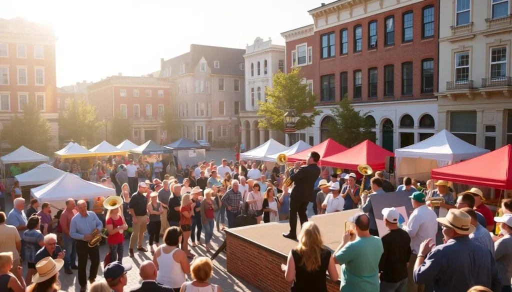 A lively scene of the Great American Brass Band Festival unfolds on a sun-dappled town square. In the foreground, a spirited brass quintet performs on a raised stage, their instruments glinting in the warm light. Surrounding them, a crowd of spectators sway and tap their feet to the infectious rhythm. In the middle ground, colorful tents and booths selling local crafts and cuisine line the periphery, creating a vibrant marketplace atmosphere. The background is framed by the stately architecture of historic buildings, their facades bathed in the golden glow of a late afternoon. An energetic, celebratory mood permeates the entire scene, capturing the essence of this cherished annual event.