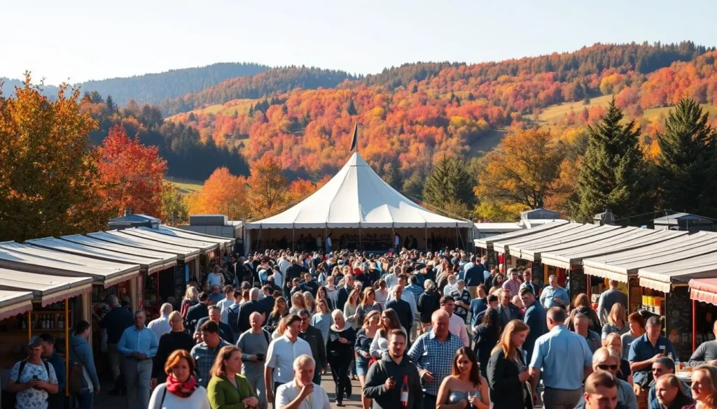 A lively scene of the Ramstein wine festival on a sunny autumn day. In the foreground, crowds of people stroll through rows of colorful stalls, sampling local vintages and sampling hearty regional fare. In the middle ground, a large marquee tent hosts live music, its flags fluttering in the gentle breeze. In the background, the rolling hills of the Palatinate Forest provide a picturesque natural backdrop, their trees ablaze with the vibrant hues of fall. Warm lighting bathes the entire scene, creating a convivial and inviting atmosphere. The overall mood is one of celebration, community, and the joyful appreciation of the region's rich winemaking heritage.
