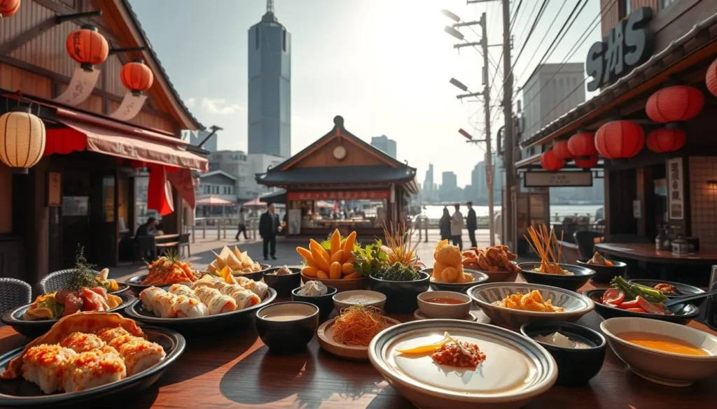 A lively scene of traditional Japanese cuisine, set against the backdrop of a serene, sun-drenched day in Kōtō-ku, Tokyo. In the foreground, a visually striking assortment of dishes - sushi, tempura, miso soup, and more - artfully arranged on a sleek, wooden table. The middle ground features a traditional Japanese restaurant, its exterior adorned with lanterns and noren curtains, inviting passersby to step inside and savor the flavors. In the distance, the iconic silhouettes of Tokyo's skyscrapers and the tranquil curves of the Sumida River create a harmonious blend of modern and ancient elements. The lighting is soft and warm, evoking a sense of comfort and hospitality, while the camera angle captures the scene from a slightly elevated perspective, showcasing the delectable spread in all its glory.
