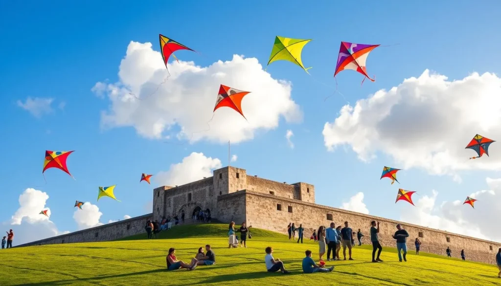 A lively scene of vibrant kites soaring gracefully against the backdrop of the iconic El Morro fortress in Old San Juan, Puerto Rico. The sky is a brilliant azure, with fluffy white clouds drifting gently. Families and friends gather on the grassy slopes, their faces alight with joy as they skillfully maneuver the colorful kites, their strings tracing intricate patterns in the air. The warm sun casts a golden glow, illuminating the historic stone walls of the fort, creating a picturesque and timeless atmosphere. The scene captures the unique and enchanting experience of kite flying in this charming and historic setting.