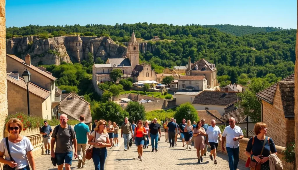 A lively scene of visitors exploring the charming medieval town of Rocamadour, France on a bright, sunny day. In the foreground, a group of tourists strolling along the winding cobblestone paths, taking in the stunning architecture and religious monuments. The middle ground showcases the iconic Sanctuary of Rocamadour, its grand basilicas and chapels rising majestically against the backdrop of the rugged limestone cliffs. Travelers pause to admire the breathtaking views, capturing the moment with their cameras. In the distance, the verdant forest-covered hills provide a serene and picturesque setting, complementing the historical atmosphere. The scene is bathed in warm, golden natural lighting, creating a welcoming and inviting ambiance that captures the essence of this beloved pilgrimage site.
