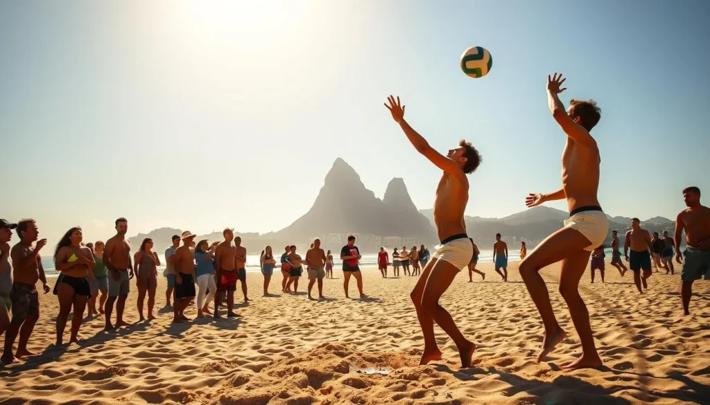 A lively scene on the sun-drenched sands of Copacabana beach, capturing the dynamic essence of futevôlei - a beloved Brazilian beach sport. In the foreground, two players engage in a spirited volley, their lean, toned bodies effortlessly manipulating the ball mid-air. The middle ground showcases a group of spectators, their enthusiasm palpable as they cheer on the athletes. In the background, the iconic Sugarloaf Mountain and Corcovado peak rise majestically, framing the vibrant tableau. Warm, golden sunlight bathes the scene, lending a sense of vibrancy and energy. The overall atmosphere evokes the lively, carefree spirit of Copacabana, where locals and tourists alike come to enjoy the simple pleasures of this unique beach game.