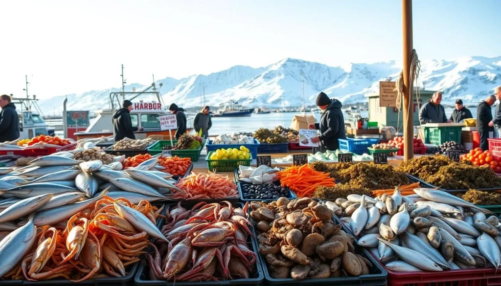 A lively seafood display at a bustling local market in Dutch Harbor, Alaska. Crates of freshly caught salmon, halibut, and cod gleam under warm natural lighting. In the foreground, a display of glistening Dungeness crabs and plump scallops. Behind, fishermen arrange a variety of other regional delicacies like kelp, sea urchins, and smoked fish. The middle ground showcases an array of colorful, locally-sourced produce. In the background, the rugged, snow-capped Aleutian mountains provide a dramatic natural backdrop. Convey the vibrant, authentic atmosphere of this quintessential Alaskan coastal community.
