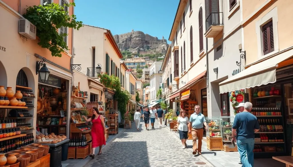 A lively street in the historic center of Nafplio, Greece, lined with charming shops and cafes. The sun-dappled cobblestones lead the eye toward an inviting array of local artisanal goods, from handcrafted pottery and textiles to gourmet olive oils and spices. Pedestrians leisurely browse the vibrant displays, taking in the warm, Mediterranean atmosphere. In the background, the imposing Palamidi fortress looms, a reminder of the town's storied past. Capture the essence of this picturesque shopping district, where traditional Greek culture and modern delights converge.