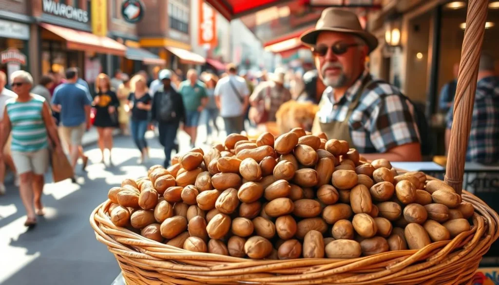 A lively street market in Birmingham, Alabama, showcasing a vendor's tempting display of freshly boiled peanuts. The peanuts, still steaming, are arranged in a rustic wicker basket, their brown shells glistening under the warm, natural lighting. The vendor, a friendly local, stands behind the stall, offering samples to passing shoppers. In the background, a bustling crowd meanders through the lively market, immersed in the vibrant sights, sounds, and aromas of the city's rich shopping and entertainment district.