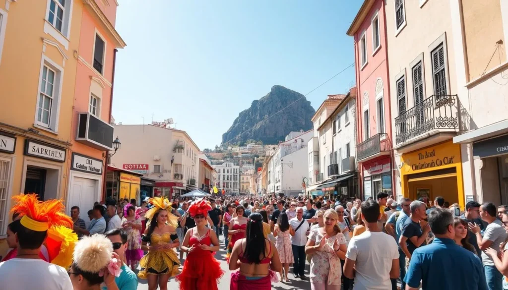 A lively street scene in Gibraltar, bustling with a vibrant festival celebration. In the foreground, a parade of colorful costumed performers, dancers, and musicians parading through the narrow, sun-dappled streets. In the middle ground, crowds of locals and tourists gathered, cheering and clapping along to the infectious rhythms. In the background, the iconic Rock of Gibraltar rises majestically, framed by clear blue skies. Warm Mediterranean light bathes the entire scene, creating a festive, celebratory atmosphere. Captured with a wide-angle lens to showcase the energy and energy of this cultural event.