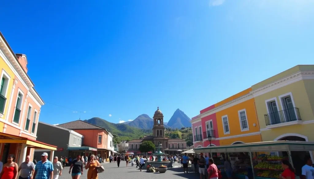 A lively street scene in Roseau, Dominica, under a bright, azure sky. In the foreground, pedestrians stroll past vibrant, colonial-style buildings, their colorful facades bathed in warm, golden sunlight. Vendors sell fresh tropical fruits and local crafts from quaint market stalls. In the middle ground, a bustling town square with a historic clocktower and a tranquil fountain. The background features verdant, rolling hills and the silhouette of the majestic Morne Trois Pitons. Capture the charm, culture, and natural beauty that make Roseau an enticing travel destination.