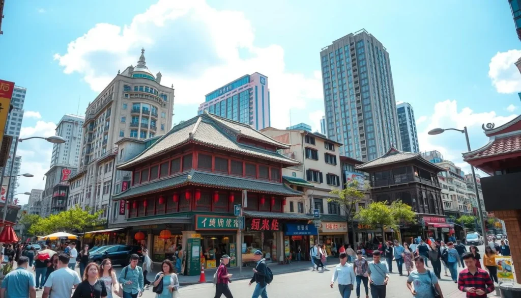 A lively street scene in Shenyang, China, capturing the essence of the city's vibrant culture and architecture. In the foreground, bustling pedestrians navigate the sidewalks, while vibrant storefronts and street vendors offer a glimpse into the local way of life. The middle ground features a mix of traditional Chinese buildings and modern high-rises, showcasing the city's blend of old and new. In the background, a clear blue sky with fluffy clouds creates a warm, inviting atmosphere, and the natural light casts a gentle glow over the entire scene. The overall composition should convey a sense of energy, charm, and the practical information a traveler would find useful when visiting Shenyang.