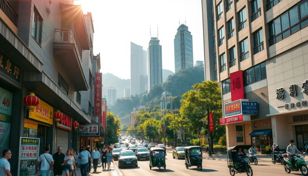 A lively street scene in Wuhan, China on a sunny day. In the foreground, pedestrians stroll along a bustling sidewalk lined with traditional Chinese architecture and vibrant storefront displays. The middle ground features a busy intersection with cars, bikes, and tuk-tuks navigating the traffic. In the background, towering skyscrapers and lush green hills create a dynamic urban skyline. Warm, diffused lighting from the overhead sun illuminates the scene, casting soft shadows and creating a welcoming, energetic atmosphere. The composition captures the unique blend of modern and historical elements that define the character of Wuhan, inviting the viewer to explore the city's rich culture and practical offerings for travelers.
