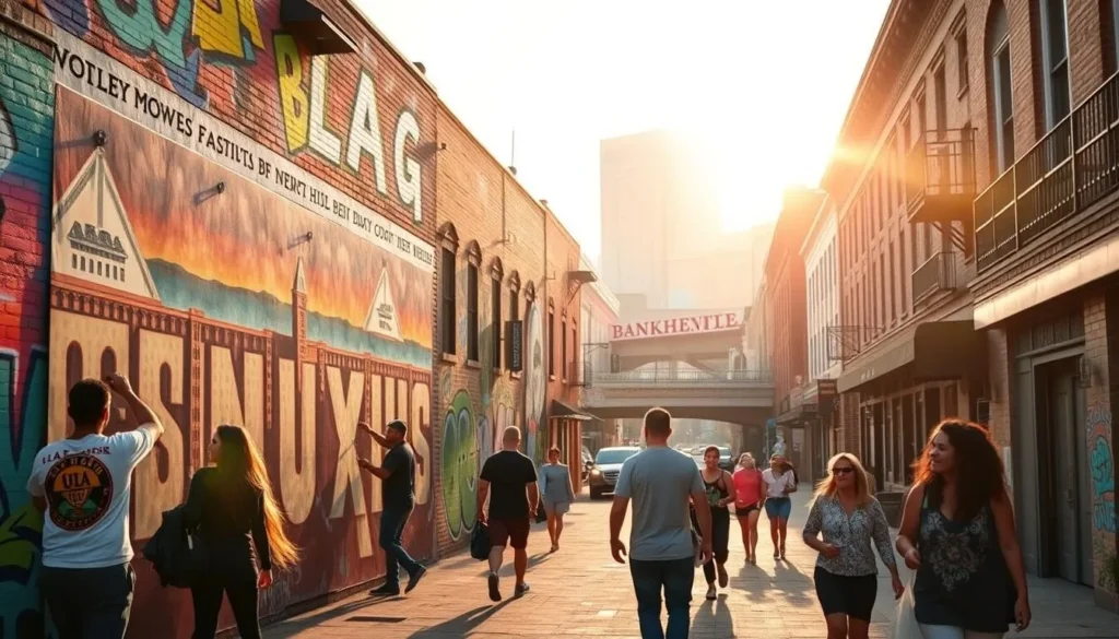A lively street scene in downtown Mobile, Alabama, showcasing vibrant murals and graffiti art adorning the walls. The foreground features a group of local artists adding the finishing touches to a large-scale mural depicting a panoramic view of the city skyline. In the middle ground, pedestrians stroll by, admiring the colorful artwork. The background captures the historic architecture of downtown, with the iconic Bankhead Tunnel visible in the distance. Warm sunlight filters through, casting a golden glow over the scene and accentuating the dynamic textures and vivid hues of the street art. The overall atmosphere exudes a sense of creativity, community, and the vibrant arts and entertainment culture of Mobile.