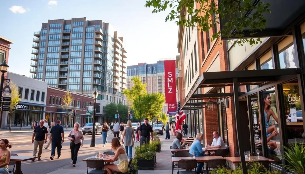 A lively street scene in downtown Silver Spring, Maryland, showcasing the latest additions to the local culinary landscape. In the foreground, a group of friends dining al fresco at a newly opened bistro, enjoying the warm afternoon sunlight and the energy of the bustling neighborhood. In the middle ground, passersby stroll by trendy storefronts and boutiques, while in the background, the sleek, modern facades of newly constructed mixed-use developments rise, signaling the area's continued evolution. The scene conveys a sense of excitement and growth, reflecting the dynamic and vibrant character of this thriving suburban hub.