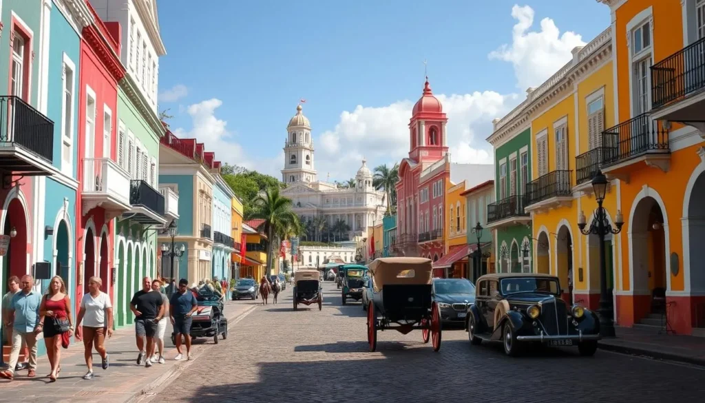 A lively street scene in historic Bridgetown, Barbados, on a bright, sunny day. In the foreground, pedestrians stroll along the charming colonial-era buildings, their vibrant colors and intricate architectural details reflected in the polished cobblestones. In the middle ground, horse-drawn carriages and vintage cars add to the timeless ambiance, while in the background, the iconic Parliament Buildings and other landmarks rise up, their stately facades bathed in warm, golden light. The scene conveys a sense of timeless elegance and the enduring allure of this enchanting Caribbean city.