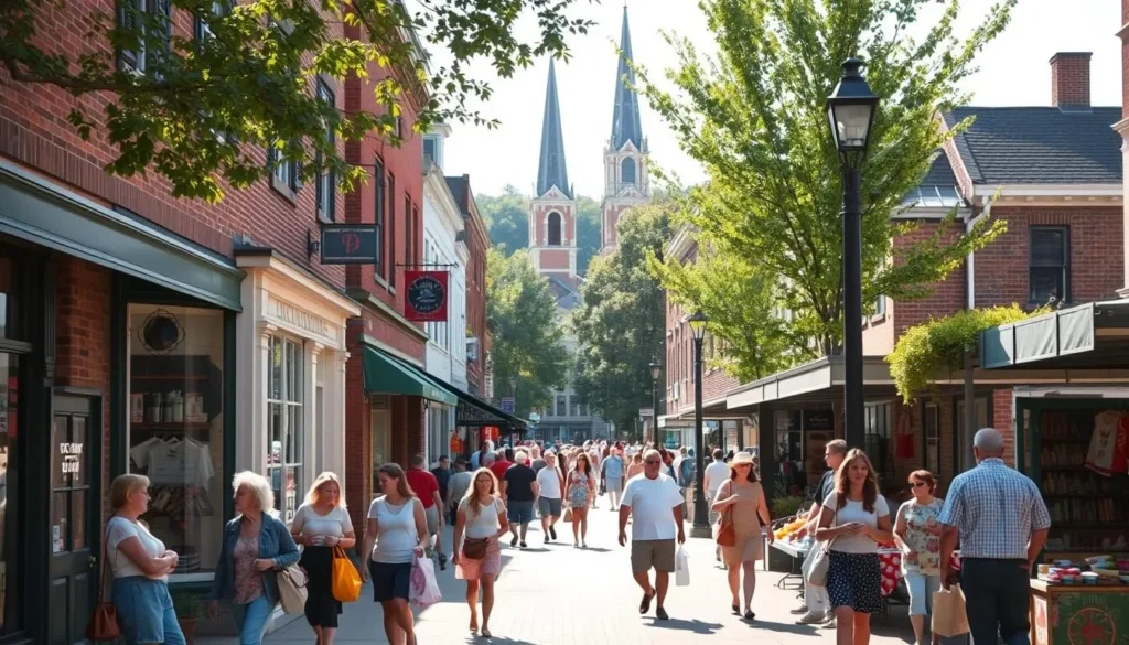 A lively street scene in the charming town of Kingston, New York. In the foreground, people leisurely browse the quaint local shops, their colorful bags and packages in hand. Sunlight filters through the trees, casting a warm glow on the brick facades and inviting storefront displays. In the middle ground, pedestrians stroll along the sidewalks, stopping to admire the artisanal crafts and local produce in the outdoor market stalls. The background is framed by the historic architecture of Kingston, with its distinctive clock tower and church steeples rising above the treetops. An atmosphere of relaxed small-town ambiance and a vibrant sense of community pervades the scene.