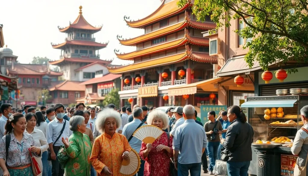 A lively street scene in the heart of Wuhan's historic district, bustling with locals and visitors immersed in the city's vibrant cultural heritage. In the foreground, a group of elderly residents perform a traditional fan dance, their colorful costumes and graceful movements captivating onlookers. Further back, an ornate Taoist temple stands tall, its intricate architecture and red-tiled roofs reflecting the warm afternoon sunlight. Street vendors offer an array of local delicacies, their sizzling woks and fragrant aromas enticing passersby. Amidst the activity, a sense of community and shared tradition pervades the scene, showcasing Wuhan's enduring cultural identity.