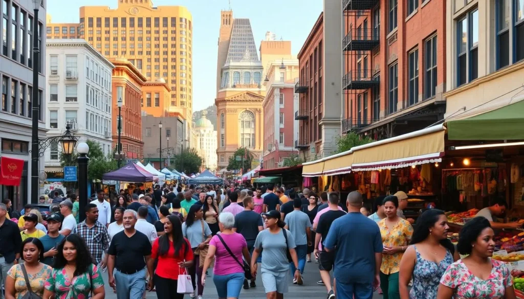 A lively street scene in the heart of downtown Oakland, California. In the foreground, a diverse crowd of people strolling along the sidewalk, their vibrant clothing and lively conversations creating a tapestry of culture. In the middle ground, a bustling outdoor market filled with colorful produce, artisanal crafts, and food vendors serving up local delicacies. In the background, a mix of historic buildings and modern architecture, their facades bathed in warm, golden sunlight, conveying the city's blend of old and new. The overall atmosphere is one of energy, community, and a celebration of Oakland's rich diversity.