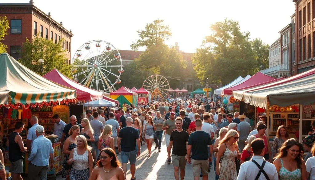A lively summer festival in the charming town of Carmel, Indiana. In the foreground, crowds of people browse vibrant vendor stalls selling local crafts and delicious food. In the middle ground, a colorful ferris wheel and other carnival rides spin, casting long shadows on the ground. The background is filled with historic brick buildings and towering trees, bathed in warm golden sunlight. The atmosphere is festive and joyful, with people of all ages laughing and enjoying the festivities. Captured with a wide-angle lens to showcase the bustling energy and picturesque setting of this quintessential Midwestern summer celebration.