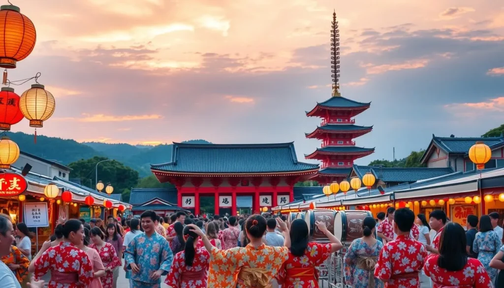 A lively summer festival in the heart of Mie Prefecture, Japan. In the foreground, vibrant yukata-clad revelers dance and twirl amid a sea of colorful paper lanterns and festival stalls, their laughter and cheer filling the air. The middle ground showcases traditional taiko drummers, their powerful rhythms echoing through the streets. In the background, the iconic architecture of a historic Shinto shrine stands tall, its ornate roofs and pagodas silhouetted against a warm, golden sunset sky. Crisp, natural lighting captures the energy and excitement of this quintessential Japanese summer celebration.
