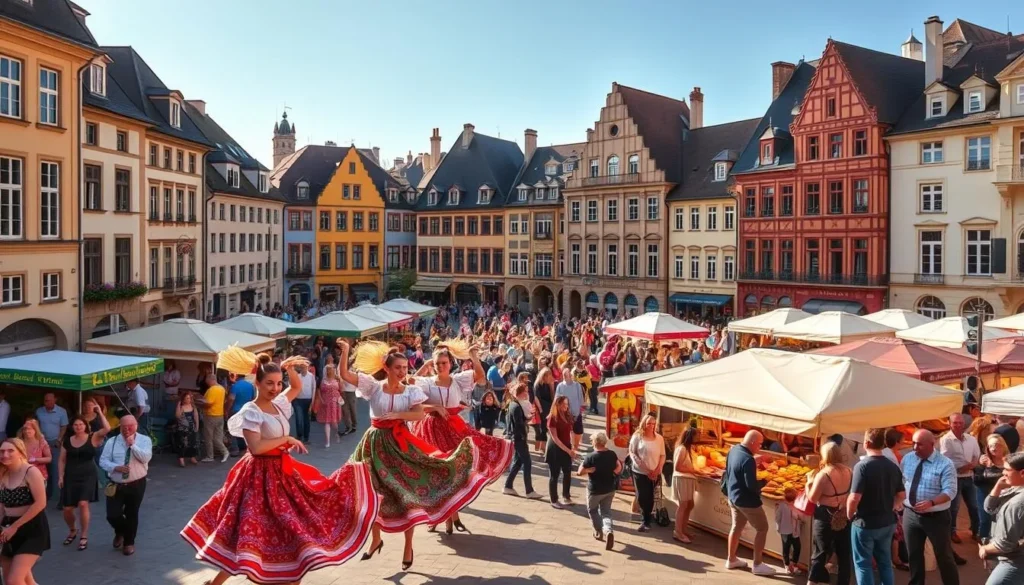 A lively town square in Luxembourg, bustling with people enjoying the vibrant colors and festive atmosphere of a local festival. In the foreground, a parade of traditional costumed dancers twirls and leaps, their vibrant costumes and joyful expressions capturing the energy of the celebration. In the middle ground, food vendors offer tempting local delicacies, while crowds of locals and tourists browse the lively market stalls, browsing handcrafted goods and artisanal products. In the background, the historic architecture of Luxembourg's Old Town provides a picturesque backdrop, bathed in warm, golden sunlight that casts a cheerful glow over the entire scene.