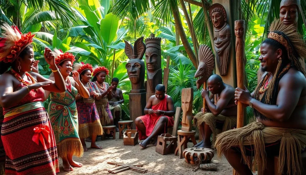 A lively village scene in Papua New Guinea, showcasing the vibrant cultural traditions of the local people. In the foreground, a group of women in colorful, intricately patterned clothing perform a traditional dance, their movements graceful and rhythmic. In the middle ground, men carve intricate wooden masks and sculptures, their skilled hands bringing the local legends to life. In the background, a backdrop of lush, verdant jungle foliage sets the scene, with sunlight filtering through the leaves and casting a warm, natural glow over the entire tableau. The atmosphere is one of warmth, community, and a deep connection to the land and its customs.