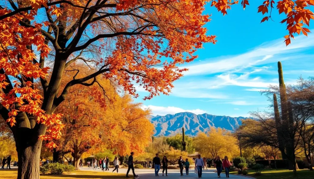 A lush, autumnal scene in Tucson, Arizona, captured on a crisp, sunny day. In the foreground, vibrant orange and red leaves flutter on the branches of towering sycamore trees, casting dappled shadows on the path below. In the middle ground, a group of locals and visitors stroll leisurely, admiring the seasonal splendor. In the distance, the majestic Santa Catalina Mountains rise, their peaks dusted with a hint of snow. The warm, golden light filters through wispy clouds, creating a cozy, inviting atmosphere. The scene exudes a sense of tranquility and natural beauty, perfectly encapsulating the essence of Tucson's fall splendor.