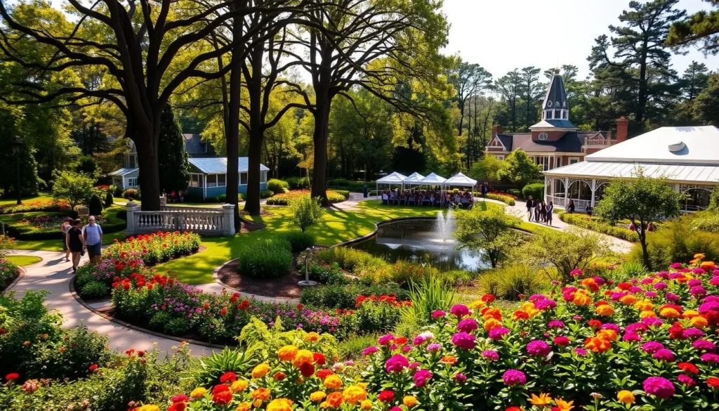 A lush botanical garden on a sunny day, the Cape Fear Botanical Garden in Fayetteville, North Carolina. Vibrant flowers bloom in well-tended beds, their colors complemented by the verdant foliage. In the foreground, a group of visitors leisurely stroll along the winding pathways, taking in the tranquil atmosphere. The middle ground features a picturesque pond surrounded by tall trees, their branches providing dappled shade. In the background, modern event pavilions and historic structures stand in harmony, hinting at the seasonal festivals and events that draw crowds to this scenic oasis. Warm, diffused lighting casts a golden glow, creating a serene and inviting ambiance.